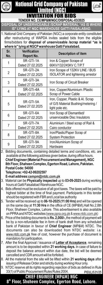 National Grid Company of Pakistan Limited Tender Notice